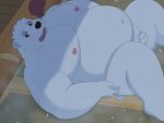  2023 absurd_res anthro balls bear belly big_belly black_nose charizard_roost detailed_background flaccid genitals hi_res kemono lying male mammal moobs navel nipples overweight overweight_male penis polar_bear solo ursine white_body 