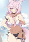  1girl animal_ear_fluff animal_ears arm_garter bikini black_bikini black_choker blush braid breasts choker cleavage closed_mouth commentary_request cowboy_shot day double_bun groin hair_between_eyes hair_bun hair_ornament hakui_koyori hand_on_own_chest hand_on_own_hip heart heart_choker hololive keesuke_(kkosyoku) large_breasts leaning_forward long_hair looking_at_viewer mismatched_bikini navel necktie outdoors pink_hair pink_necktie pink_tail purple_eyes side-tie_bikini_bottom solo sparkle split_mouth standing sunlight swimsuit tail thigh_strap unfinished vial virtual_youtuber white_bikini wolf_ears wolf_girl wolf_tail 