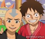  2boys aang alternate_costume artist_name avatar:_the_last_airbender avatar_legends bald black_hair crossover facial_mark hand_on_another&#039;s_shoulder head_tattoo highres looking_at_viewer monkey_d._luffy multiple_boys one_piece one_piece_(live_action) open_mouth outdoors scar scar_on_cheek scar_on_face ship short_hair sidmurphyx smile tattoo teeth thousand_sunny watercraft 