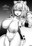  1girl absurdres animal_ears arknights bell breasts cleavage cowbell english_text highres huge_breasts jacket looking_at_viewer medium_hair monochrome naked_jacket navel nipples pussy smile solo soruex thighs utage_(arknights) 