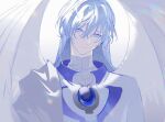  1boy angel_wings aqua_eyes blue_gemstone byuey cape cardcaptor_sakura chest_jewel closed_mouth commentary gem hair_between_eyes head_tilt long_hair looking_at_viewer male_focus robe side_cape simple_background solo symbol-only_commentary turtleneck upper_body white_background white_cape white_hair white_robe white_wings wings yue_(cardcaptor_sakura) 