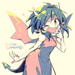  1girl blush draco_centauros dragon_girl dragon_horns dragon_tail dragon_wings dress gloves green_hair horns looking_at_viewer lowres madou_monogatari one_eye_closed open_mouth puyopuyo rakuni red_dress solo tail white_gloves wings yellow_eyes 