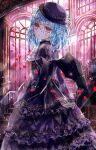  1girl absurdres ascot bat_wings black_dress black_headwear blue_hair commentary_request dress frilled_dress frills highres indoors light_particles looking_at_viewer medium_hair outdoors red_eyes remilia_scarlet short_hair solo stairs suzushina touhou white_ascot wings 