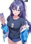  1girl black_halo black_shirt blue_archive blue_buruma blue_eyes blue_hair blue_jacket blush breasts buruma cellphone commentary_request gym_shirt hair_between_eyes halo holding holding_phone jacket lanyard long_hair looking_at_viewer medium_breasts official_alternate_costume open_mouth phone rin_ateria shirt short_sleeves simple_background smile solo star_sticker sticker_on_face white_background yuuka_(blue_archive) yuuka_(track)_(blue_archive) 