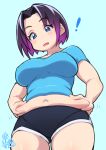  ! 1girl belly_grab black_hair black_shorts blue_background blue_eyes blue_shirt blush breasts commentary_request cropped_shirt dolphin_shorts elma_(maidragon) from_below gradient_hair highres hori_shin impossible_clothes kobayashi-san_chi_no_maidragon large_breasts looking_down multicolored_hair navel parted_lips plump purple_hair shirt short_hair short_sleeves shorts signature solo weight_conscious 