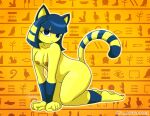  animal_crossing ankha_(animal_crossing) anthro areola blue_ears blue_hair felid feline female flashquatsch fur fur_markings hair hieroglyphics kneeling looking_at_viewer mammal markings nintendo nipples nude orange_background simple_background solo striped_markings striped_tail stripes tail tail_markings yellow_body yellow_skin 