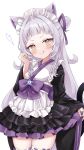  1girl absurdres alternate_costume animal_ears apron arched_bangs cat_ears cat_tail cocozasa frilled_skirt frills grey_hair hair_bun highres hololive licking_lips looking_at_viewer maid_apron maid_headdress murasaki_shion ribbed_thighhighs short_eyebrows single_side_bun skirt smile solo star_(symbol) tail thighhighs tongue tongue_out virtual_youtuber waist_ribbon yellow_eyes 