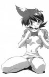  1girl absurdres bakuten_shoot_beyblade beyblade blush breasts dress greyscale highres looking_at_viewer medium_breasts medium_hair monochrome navel nipples open_mouth panties simple_background smile solo tachibana_hiromi underwear white_background 