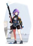  1girl bare_shoulders bike_shorts black_shorts bridal_gauntlets commentary english_commentary full_body green_eyes grey_footwear gun hair_between_eyes hand_up highres holding holding_gun holding_weapon long_sleeves looking_to_the_side magazine_(weapon) original pointy_ears purple_hair sate shoes short_shorts shorts shrug_(clothing) skindentation smoke smoking_gun solo standing suppressor weapon weapon_request 