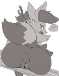  2023 anthro anus big_butt blush braixen butt cheek_tuft cross-popping_vein cute_fangs digital_media_(artwork) dipstick_tail eyelashes facial_tuft female fur generation_6_pokemon genitals greyscale hi_res inner_ear_fluff looking_at_viewer looking_back looking_back_at_viewer markings monochrome multicolored_body multicolored_fur nintendo nude open_mouth pokemon pokemon_(species) pupils pussy raised_tail rear_view simple_background sitting solo speech_bubble stick_in_tail tail tail_markings tuft wozzu1 y_anus 