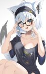  1girl absurdres ahoge animal_ears black-framed_eyewear black_headband black_skirt blush breasts cleavage fox_ears fox_girl fox_tail glasses green_eyes grey_hair headband highres hololive medium_breasts medium_hair official_alternate_costume open_mouth shirakami_fubuki shirakami_fubuki_(7th_costume) skirt smile solo tail torakichi_888 virtual_youtuber 