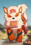  animal_focus arc_draws arcanine bag commentary_request day delivery doormat facing_viewer fangs fangs_out food grass hat highres mouth_hold no_humans outdoors pink_headwear pizza pizza_box pokemon pokemon_(creature) sky smile solo 