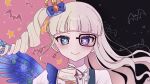  1girl aikatsu! aikatsu!_(series) aqua_eyes bat_(animal) black-framed_eyewear blonde_hair blue_wings blunt_bangs blush blush_stickers closed_mouth commentary_request crown drill_hair dual_persona earrings feathered_wings glasses idol_(yoasobi) idol_clothes jewelry lmn_(yrknn) long_hair looking_at_viewer lyrics mini_crown oshi_no_ko parody purple_eyes red_ribbon ribbon shirt sidelocks smile solo star-shaped_pupils star_(symbol) symbol-shaped_pupils toudou_yurika twintails upper_body v-shaped_eyebrows white_shirt wings 