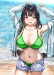  1girl armpits arms_up beach bikini black_hair blush breasts brown_eyes cleavage collarbone commentary_request cowboy_shot green_bikini highres jacket large_breasts long_hair long_sleeves looking_at_viewer mole mole_on_arm navel open_clothes open_jacket open_mouth original outdoors ran&#039;ou_(tamago_no_kimi) short_shorts shorts single_bare_shoulder smile stomach swimsuit water white_jacket 