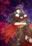  1girl abstract_background artist_name bare_shoulders bat_hair_ornament black_collar black_hair black_kimono blunt_bangs collar copyright_name cowboy_shot epiphyllum expressionless final_fantasy final_fantasy_xiv floating_hair flower grey_eyes hair_flower hair_ornament hair_stick hyur inrou japanese_clothes kimono lace_collar long_hair looking_at_viewer mole mole_under_mouth obi obiage obijime off_shoulder outline pink_background pink_outline red_trim ruka_(blueplus84) sash signature solo straight_hair two-tone_background yotsuyu_goe_brutus 