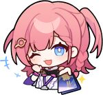  +++ 1girl asta_(honkai:_star_rail) blue_eyes blush braid chibi clenched_hand english_commentary holding holding_money honkai:_star_rail honkai_(series) id_card looking_at_viewer medium_hair money official_art one_eye_closed open_mouth pink_hair side_ponytail solo transparent_background 