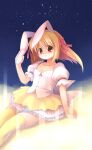  1girl animal_ears bangs blonde_hair blush bow breasts closed_mouth collarbone commentary_request corset emurin feet_out_of_frame hair_between_eyes hair_bow looking_at_viewer medium_hair multiple_hair_bows original puffy_short_sleeves puffy_sleeves rabbit_ears red_bow red_eyes short_sleeves sitting skirt sky small_breasts smile solo star_(sky) starry_sky thighhighs white_corset white_skirt yellow_thighhighs 