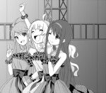  3girls ^_^ ahoge bare_shoulders bow chin choker closed_eyes closed_mouth commentary_request dangle_earrings dress earrings eyelashes fist_pump frilled_cuffs greyscale hairband hand_on_own_hip idolmaster idolmaster_million_live! indoors jewelry long_hair looking_at_another monochrome multiple_girls one_eye_closed open_mouth outstretched_arm shimabara_elena sidelocks sleeveless sleeveless_dress smile straight_hair tanaka_kotoha teeth tokoro_megumi upper_teeth_only v waist_bow waist_sash wavy_hair witoi_(roa) wrist_cuffs 