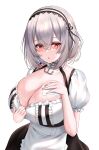  1girl anchor_choker apron azur_lane breasts choker cleavage dress frilled_apron frilled_choker frilled_dress frills grey_hair hair_between_eyes highres lace-trimmed_hairband lace_trim large_breasts maid match_(scp115) red_eyes short_hair sirius_(azur_lane) solo sweat two-tone_dress wiping_sweat 