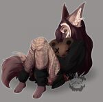  2023 anthro black_nose bottomwear brown_hair clothed clothing coconut_(artist) digital_media_(artwork) ears_up embrace eyes_closed female fishnet fishnet_clothing fishnet_legwear fluffy fluffy_tail fur hair hi_res holding_object hoodie hug hugging_plushie hyena inner_ear_fluff legwear long_hair long_sleeves mammal plushie shenzi_(coconut) signature simple_background sitting skirt solo tail tan_body tan_fur teddy_bear topwear tuft 