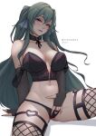  1girl absurdres ass black_bra black_gloves black_panties blush bra breasts cleavage clothed_masturbation clothing_cutout female_masturbation finana_ryugu fingerless_gloves fins fish_girl fishnets gloves green_hair hand_in_panties hand_under_clothes head_fins heart_cutout highres large_breasts long_hair looking_at_viewer masturbation myth1carts navel nijisanji nijisanji_en panties patreon_logo pixiv_logo purple_eyes solo thighhighs twitter_logo underwear virtual_youtuber 