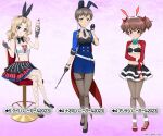  3girls :q alisa_(girls_und_panzer) animal_ears baton_(weapon) belt bikini bikini_top_only black_bikini black_bow black_bowtie black_footwear black_gloves black_pantyhose black_skirt blonde_hair blue_bow blue_bowtie blue_coat blue_dress blue_eyes blue_necktie blush bow bowtie bracelet breasts bridal_gauntlets brown_eyes brown_hair character_name cherry cleavage closed_mouth coat coattails collar colored_skin commentary_request crop_top crossed_legs detached_collar dress earbuds earphones earrings fake_animal_ears fishnet_pantyhose fishnets food freckles frown fruit fur-trimmed_bikini fur-trimmed_skirt fur_trim girls_und_panzer girls_und_panzer_senshadou_daisakusen! glass gloves grey_gloves grey_pantyhose hair_intakes hair_ribbon hand_on_own_arm high_heels holding holding_food ice_cream jewelry kay_(girls_und_panzer) lace-up_top layered_skirt licking_lips long_sleeves looking_at_viewer medium_breasts medium_hair midriff miniskirt multicolored_skin multiple_girls naomi_(girls_und_panzer) navel necktie official_alternate_costume official_art pantyhose parted_lips pencil_dress playboy_bunny pocket_watch rabbit_ears radio red_footwear red_ribbon red_shorts ribbon shirt short_dress short_hair short_twintails shorts shrug_(clothing) sitting skirt smile standing star_(symbol) stool sundae suspender_skirt suspenders swimsuit thigh_strap tongue tongue_out translated twintails very_short_hair watch watermark weapon white_belt white_collar white_shirt wing_collar 