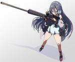  1girl against_glass bags_under_eyes bandaid bandaid_on_knee bandaid_on_leg black_footwear black_hair closed_mouth collar exia_(nikke) feet goddess_of_victory:_nikke grey_eyes gun hair_between_eyes headset highres holding holding_weapon jacket long_hair off_shoulder open_clothes open_jacket rifle sandals simple_background sniper_rifle solo syope weapon 