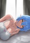  1girl bare_shoulders bed_sheet blue_hair blush breasts camisole cleavage closed_mouth collarbone elf haro_art hololive indoors large_breasts long_hair looking_at_viewer lying on_bed on_side pointy_ears polka_dot_camisole smile solo virtual_youtuber white_camisole window yellow_eyes yukihana_lamy 