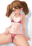  1girl absurdres bikini breasts brown_eyes brown_hair highres kantai_collection long_hair looking_at_viewer makura_(y_makura) micro_bikini navel one-piece_tan red_bikini ryuujou_(kancolle) shadow simple_background sitting small_breasts solo spread_legs swimsuit tan tanlines white_background 