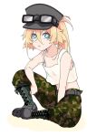  1girl bad_id bad_twitter_id bare_shoulders belt blonde_hair blue_eyes boots camouflage camouflage_pants flat_chest full_body goggles goggles_on_headwear hal_(goshujinomocha) hat highres long_hair looking_at_viewer midriff military military_hat military_uniform on_floor open_mouth pants ponytail shirt sitting solo tanya_degurechaff uniform white_background white_shirt youjo_senki 