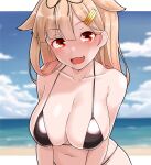  1girl bare_arms bare_shoulders beach bikini black_bikini black_ribbon blonde_hair blush breasts cleavage collarbone commentary_request day fang furaggu_(frag_0416) hair_flaps hair_ribbon highres kantai_collection large_breasts long_hair motion_lines navel ocean one-hour_drawing_challenge open_mouth outdoors red_eyes ribbon skin_fang smile solo swimsuit upper_body yuudachi_(kancolle) yuudachi_kai_ni_(kancolle) 