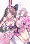  1girl animal_ears bow bowtie breasts brown_hair crop_top detached_collar dutch_angle hand_to_own_mouth highres idolmaster idolmaster_cinderella_girls long_hair medium_breasts navel pink_bow pink_bowtie rabbit_ears rhombus_background shimamura_uzuki shine_asahi solo standing standing_on_one_leg very_long_hair wrist_cuffs 