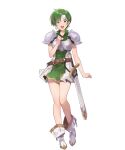  1girl armor belt boots breastplate dress earrings fee_(fire_emblem) fire_emblem fire_emblem:_genealogy_of_the_holy_war fire_emblem_heroes full_body gold_trim green_eyes grey_hair hand_on_own_chest hand_up headband highres jewelry looking_at_viewer non-web_source official_art open_mouth sheath sheathed short_dress short_hair short_sleeves shoulder_armor smile solo standing sword teeth upper_teeth_only weapon white_headband yuko_(uc_yuk) 