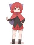  1girl absurdres black_footwear black_shirt bow cloak closed_mouth full_body hair_bow hand_on_hip highres long_sleeves looking_at_viewer poronegi purple_bow red_eyes red_hair red_skirt sekibanki shirt simple_background skirt solo standing touhou v white_background 