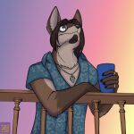  anthro blue_eyes brown_body brown_fur brown_hair canid canine canis clothed clothing ear_piercing ear_ring fox foxenawolf fur glass hair hybrid jewelry male mammal necklace piercing ring_(jewelry) ring_piercing solo wolf 