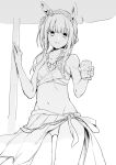  1girl absurdres animal_ears bare_arms bare_shoulders beach_umbrella bikini blush braid commentary_request crown_braid cup drinking_glass greyscale groin hands_up highres holding holding_cup horse_ears long_hair looking_at_viewer monochrome mukouhara_shiryuu navel parted_lips silence_suzuka_(emerald_on_the_waves)_(umamusume) silence_suzuka_(umamusume) simple_background smile solo swimsuit umamusume umbrella white_background 