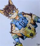  anthro ball bodily_fluids canid canine canis domestic_dog hi_res leeksaltboy male mammal scar soccer_ball solo sweat teenager traditional_media_(artwork) xiaozhuang_(leeksaltboy) young 