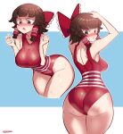  1girl ass blush bow breasts brown_eyes brown_hair chestnut_mouth dual_persona frilled_bow frills hair_bow hair_tubes hakurei_reimu highres nicecream red_bow short_hair sidelocks sweat tenga thick_thighs thighs touhou 
