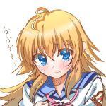  1girl angel_beats! blonde_hair blue_eyes blue_sailor_collar blush close-up closed_mouth commentary_request eyes_visible_through_hair frown furrowed_brow hair_between_eyes highres long_hair looking_at_viewer sad sailor_collar sekine_shiori shinda_sekai_sensen_uniform shirt simple_background sketch solo sound_effects spiked_hair tears translated upturned_eyes white_background white_shirt wilted_ahoge zuzuhashi 