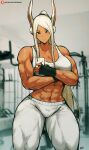  1girl abs animal_ears arms_under_breasts bare_shoulders batako_(batakoart) biceps black_gloves blurry blurry_background blush boku_no_hero_academia breasts cellphone cleavage collarbone dark-skinned_female dark_skin fingerless_gloves flexing gloves gym highres holding holding_phone indoors large_breasts long_eyelashes long_hair looking_at_viewer mirko muscular muscular_female navel pants parted_bangs patreon_username phone ponytail rabbit_ears rabbit_girl red_eyes selfie signature smartphone smile solo sports_bra stomach thick_thighs thighs tight_clothes tight_pants very_long_hair white_hair white_pants white_sports_bra yoga_pants 