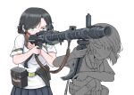  2girls aiming bipod black_hair blue_eyes blue_skirt drum_magazine german_text gun highres human_bipod machine_gun magazine_(weapon) mg34 multiple_girls original partially_colored savankov school_uniform shirt short_hair skirt weapon white_background white_shirt 