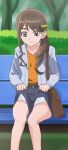  1girl bench character_request closed_mouth clothes_pull haruyama_kazunori healin&#039;_good_precure long_hair pants pants_pull precure sitting solo tree 
