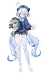  1girl absurdres ahoge alternate_costume blue_eyes blue_hair closed_mouth ebibi_chiriri full_body furina_(genshin_impact) genshin_impact heterochromia highres holding holding_stuffed_toy light_blue_hair long_hair long_sleeves looking_at_viewer multicolored_hair no_shoes seal_hat sidelocks simple_background smile solo standing streaked_hair stuffed_animal stuffed_toy thighhighs two-tone_hair white_background white_thighhighs 