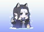  1boy animal animal_ears animalization belt black_cape black_hair black_robe blue_cape blue_eyes cape chibi chinese_clothes closed_eyes crying dog_boy dog_ears dog_tail expressionless facial_mark forehead_mark fur-trimmed_cape fur_trim gradient_background hamster layered_clothes linhii_hihi long_hair male_focus mobei_jun outstretched_hand pointy_ears ren_zhafan_paijizu_xitong robe shang_qinghua snow snow_on_head snowflakes streaming_tears tail tassel tears trembling wolf_boy wolf_ears wolf_tail 
