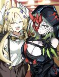  2girls blonde_hair breasts cleavage cowboy_shot detached_sleeves diabellestarr_the_dark_witch dress duel_monster ecclesia_(yu-gi-oh!) facial_mark forehead_mark goggles green_eyes green_hair hair_ornament half_mask highres hood hood_up horns incredible_ecclesia_the_virtuous large_breasts long_hair mask multicolored_hair multiple_girls pale_skin red_mask shorts smile suspenders synchroman yu-gi-oh! 