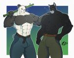  abs anthro bear beastars biceps big_muscles black_body black_fur blacksad bulge canid canine clothed clothing digital_media_(artwork) domestic_cat duo felid feline felis flexing fur giant_panda gouhin_(beastars) hi_res john_blacksad male mammal muscular muscular_anthro muscular_male pecs simple_background smile smoking standing topless zephir 