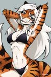  anthro arm_tuft bikini black_bikini black_clothing black_swimwear blue_eyes breasts clothing elbow_tuft eyebrows eyelashes fangs felid female fur hair inner_ear_fluff long_hair looking_at_viewer mammal orange_body orange_fur pantherine pink_nose roksodraws siberian_tiger smile smiling_at_viewer solo striped_body striped_fur stripes swimwear teeth tiger tuft white_body white_fur white_hair 