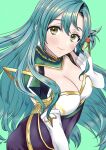  1girl absurdres aqua_hair armor blush breasts chloe_(fire_emblem) cleavage commentary elbow_gloves fire_emblem fire_emblem_engage gloves green_background green_eyes highres long_hair looking_at_viewer one_side_up roroichi shoulder_armor solo upper_body very_long_hair white_gloves 