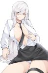  1girl absurdres azur_lane between_breasts black_necktie black_skirt blush breasts cleavage collarbone commentary dated_commentary enterprise_(azur_lane) hair_between_eyes hand_on_own_chest highres large_breasts long_hair looking_at_viewer miniskirt necktie necktie_between_breasts office_lady open_clothes panties pantyshot purple_eyes samip shirt simple_background skirt smile solo thigh_strap underwear upskirt very_long_hair white_background white_hair white_panties 