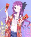  1girl blue_background hair_ribbon hanayamata haori japanese_clothes kawazu_kento purple_hair ribbon sasame_yaya yosakoi 